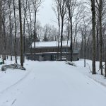 Résidence chalet en bois entourée de forêt, vue depuis l'entrée enneigée