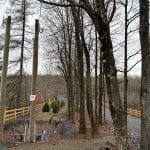 Nouveaux poteaux électriques installés le long d'un chemin forestier avec enseigne Doc Électrique
