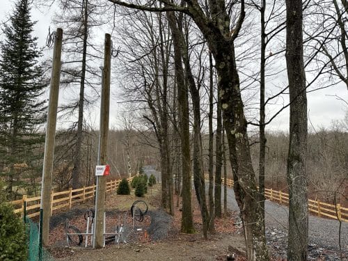 Nouveaux poteaux électriques installés le long d'un chemin forestier avec enseigne Doc Électrique